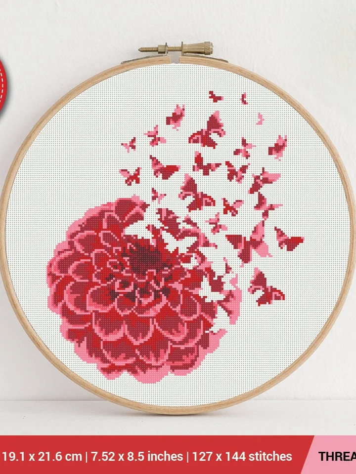 Pink Flower Butterfly Cross stitch pattern | Embroidery Pattern | Instant Download | Embroidery Designs