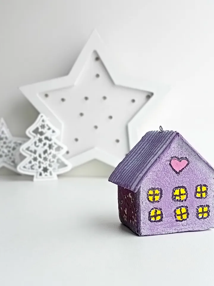 Christmas ornament Hanging Tiny House/Handmade Paper Mache Christmas Tree Ornament/Miniature Purple House Gift