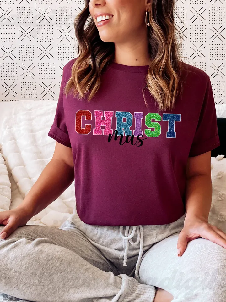 Christ PNG Christmas Sweatshirt Sublimation Design Faux Glitter Sequin PNG Embroidery Letters PNG Sparkly Christmas png