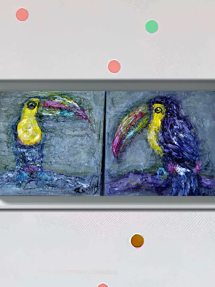 Parrots diptych ,original oil painting on stretched canvas, gift, home decoration,exotic birds painting,small painting wedding gift.