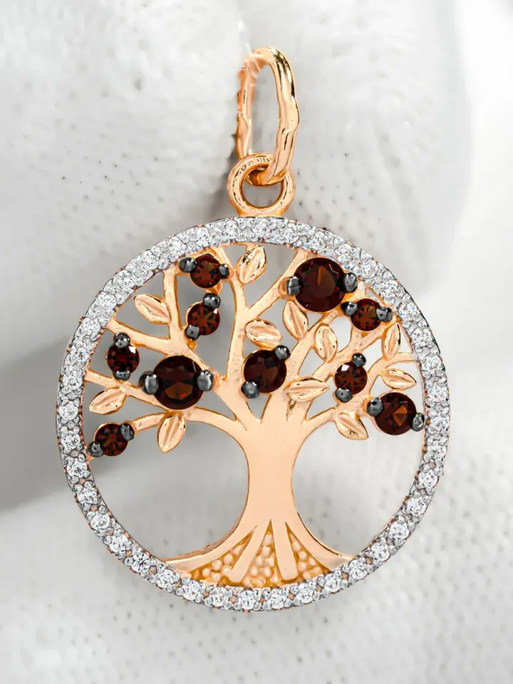 Pendant silver 925 on the neck, gold plated 585, tree of life, with garnet