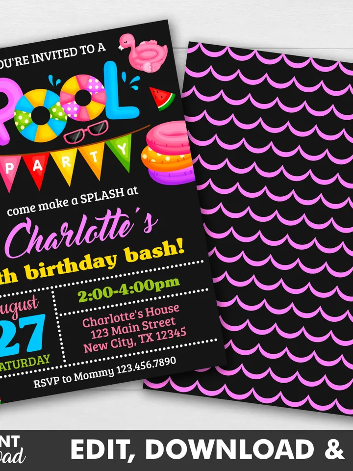 Pool Party Birthday Invitation Girl, Pool Party Invitation Instant Download, Swimming Party Invite, Editable Template