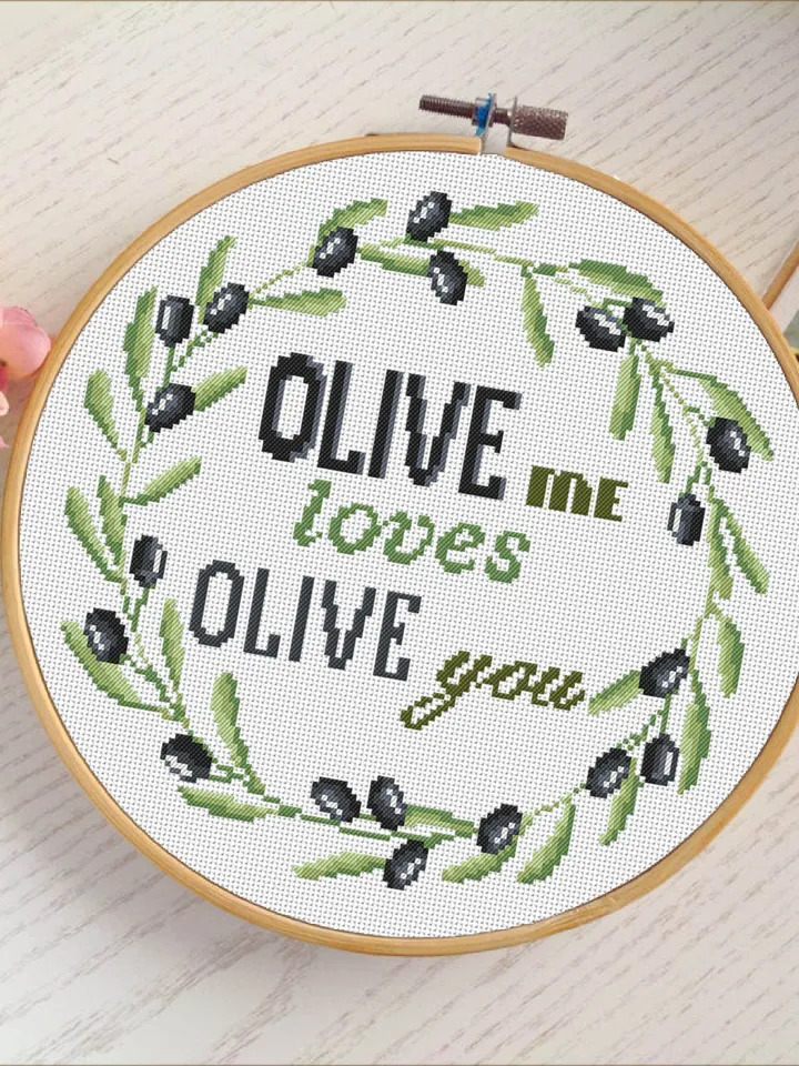 Olive wreath cross stitch pattern digital PDF Floral cross stitch quote OLIVE me loves olive you Easy beginner stitch Olive tree chart #Q22