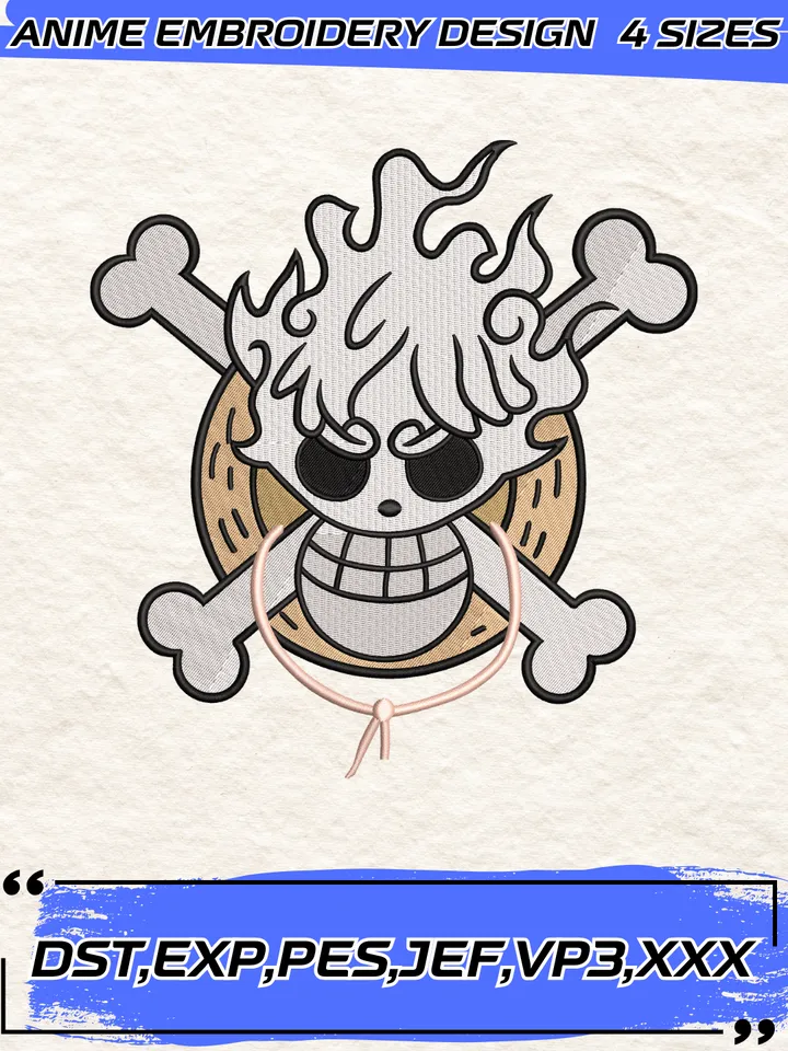 One Piece Luffy Gear 5 Logo Black Embroidery Design, One Piece Anime Embroidery Design,4 sizes, Instant Download