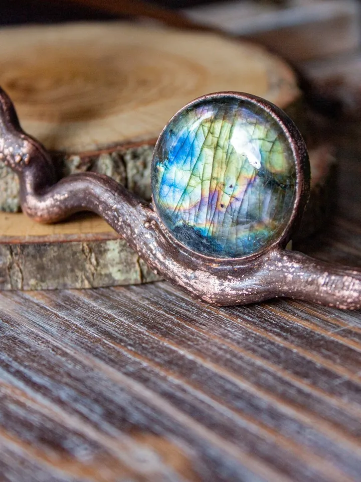 Copper pendant - choker made from natural stick using electroforming with natural labradorite stone