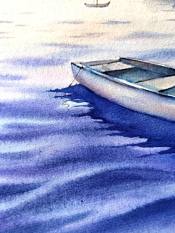 Sea Landsape Painting Original Watercolor Art Sea Sunset in Watercolor 10.62x15.35 in by Art Café