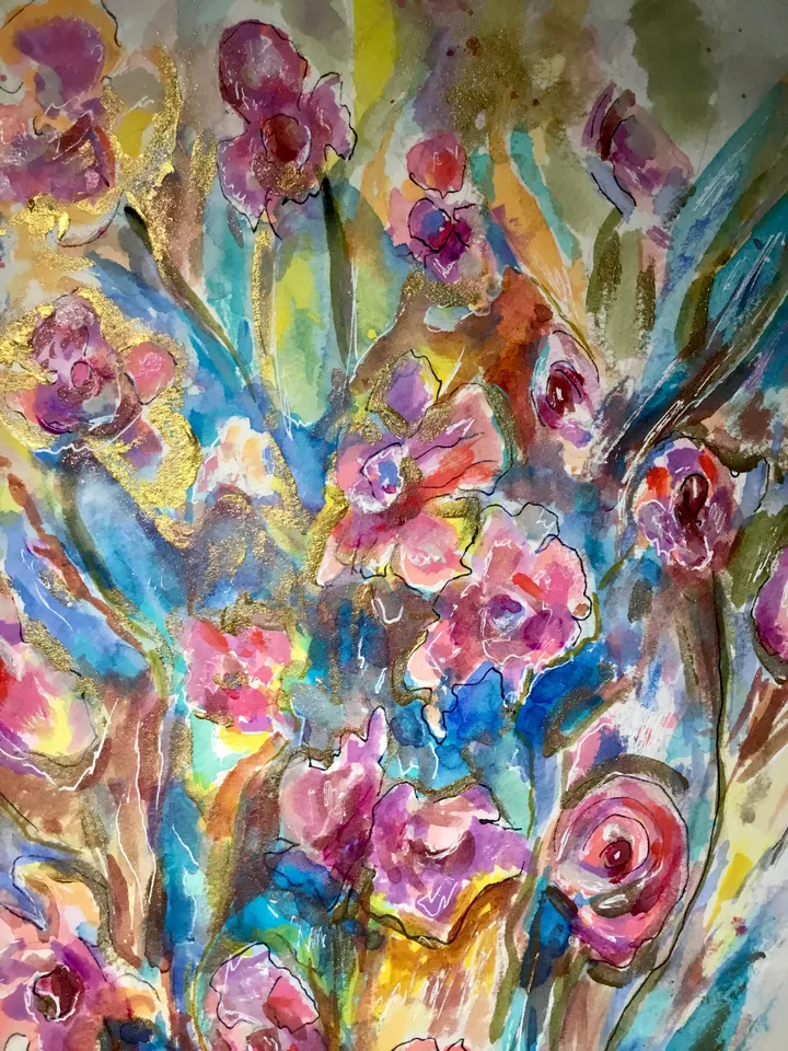 Flower fantasy original watercolor painting, flowers wall art, home decoration,gift,colourful flowers art.