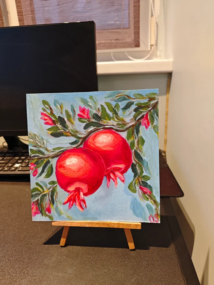 Pomegranate Original Painting Fruit Original Art Red Pomegranate Modern Artwork Red Fruit Wall Painting 8x8 inches by OlgaSokolova Art