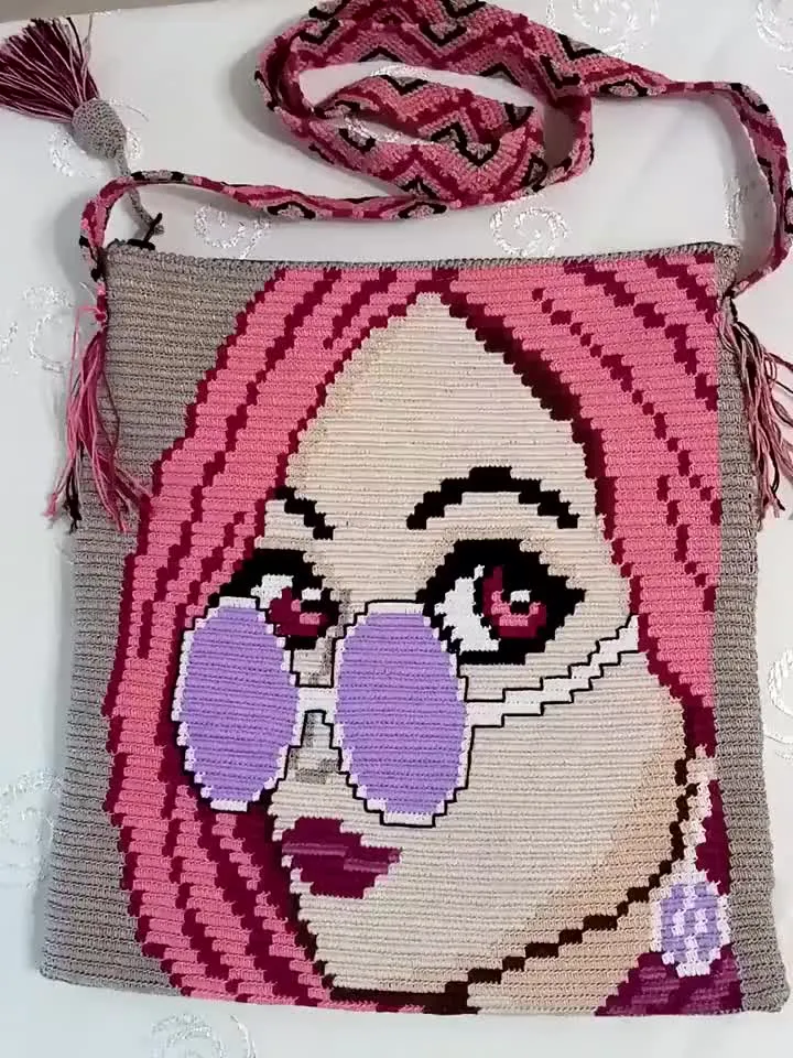 Crochet portrait art Handmade pink bag Art to wear purse Crochet bags zipper Crochet festival bag Unique crochet bag Macrame shoulder straps