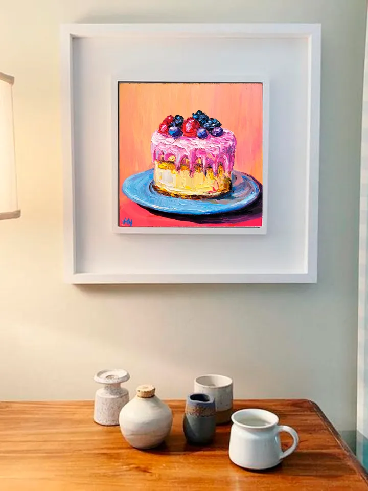Cake Painting Food Original Art Impasto Artwork 6x6 Kitchen Wall Art Bakery Art Dessert Painting Fruit Wall Art Funky Painting by ArtFromVictoria