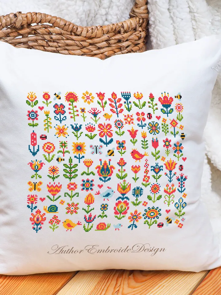 Folk flowers cross stitch pattern PDF download Tiny flower sampler cross stitch, Mini floral pattern digital PDF, Scandinavian folk #P43