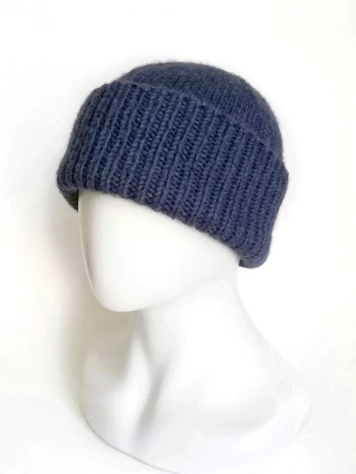 Handmade Alpaca Wool Seamless Blue Men's Winter Hat Warm and Cozy Handcrafted Knitwear, Fold-Up Cuff, Hand-Knit Beanie. FREE SHIPPING!