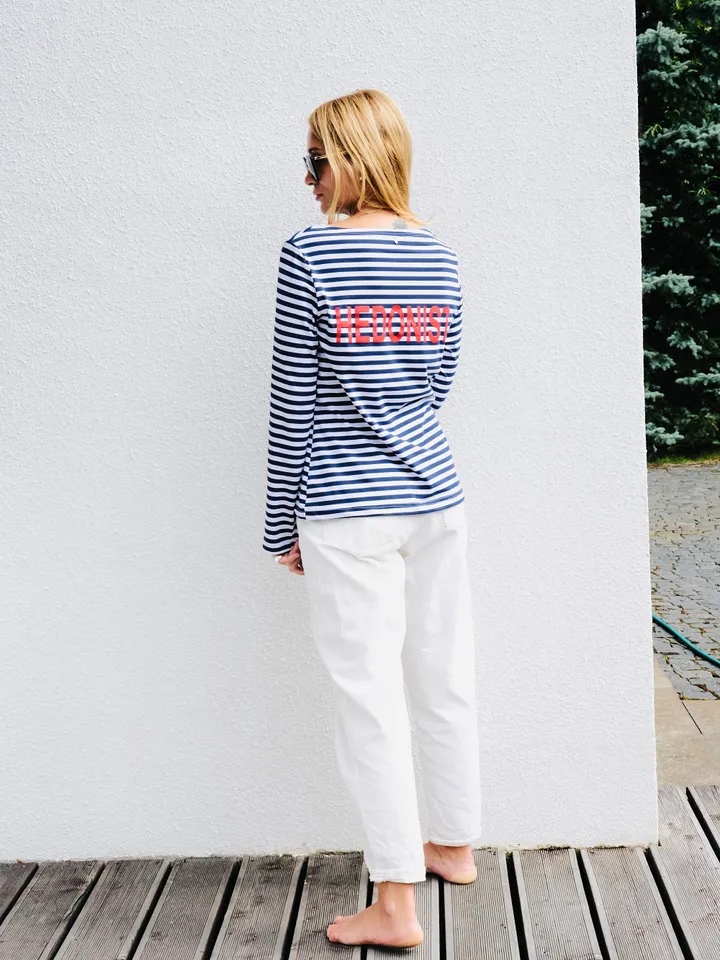 Cotton Mariniere longsleeve shirt | blue striped boat neck top | Blue and White women sweatshirt | Classic Sailor Shirt With Hedonist print