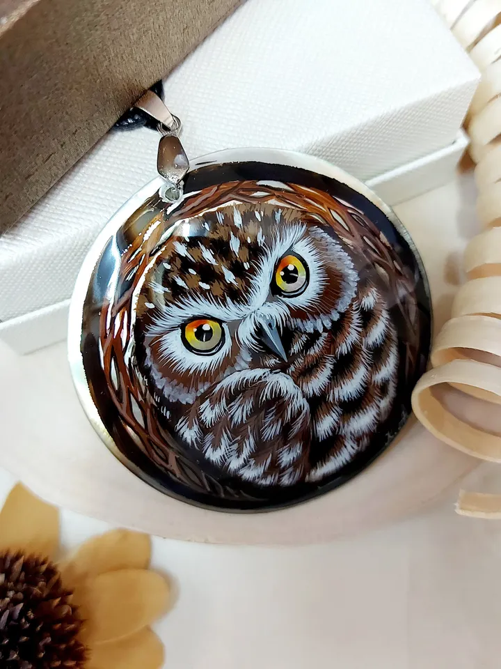Russian jewelry pendant: Brown Snow owl painted on pearl necklace • Stylish folk art on handmade jewelry • Soviet Fedoskino style lacquer