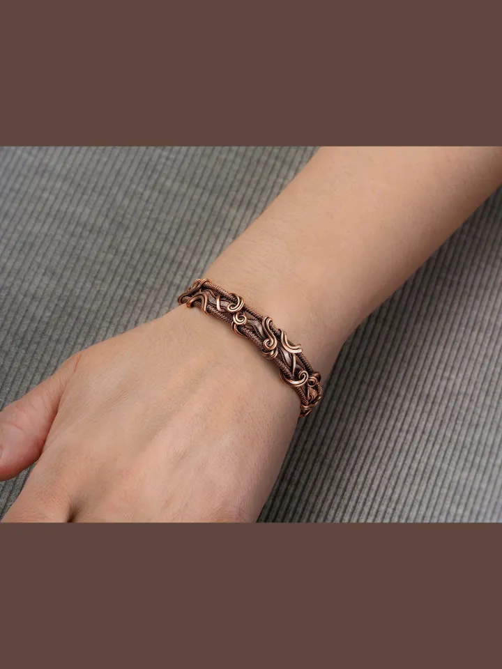 Wire wrapped bracelet, Unique 7th 22nd Anniversary gift idea, Art Nouveau antique style, One of kind braided statement bangle, Handmade oxidized pure copper jewelry, Pain relief, EMF protection