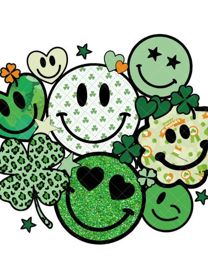 St Patricks Day Smiley Faces PNG Sublimation Design | St Patricks Day Love Smile Clover Hearts Retro Groovy Digital Download Tshirt Design