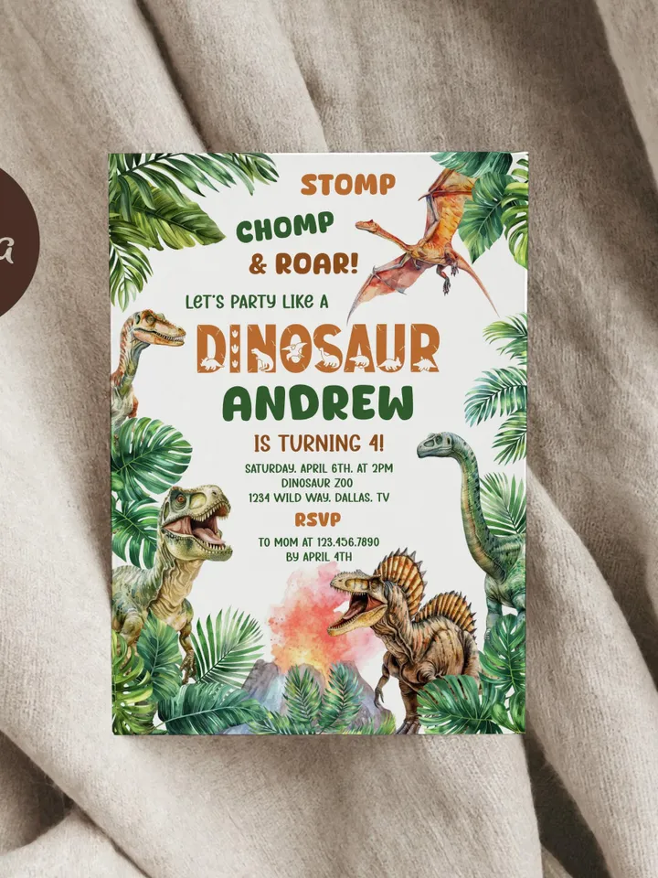 Dinosaur Birthday Invitation, Dinosaur Birthday Party Invite Template, Stomp Chomp and Roar Dinosaur Birthday, Boy Birthday Invitation Canva