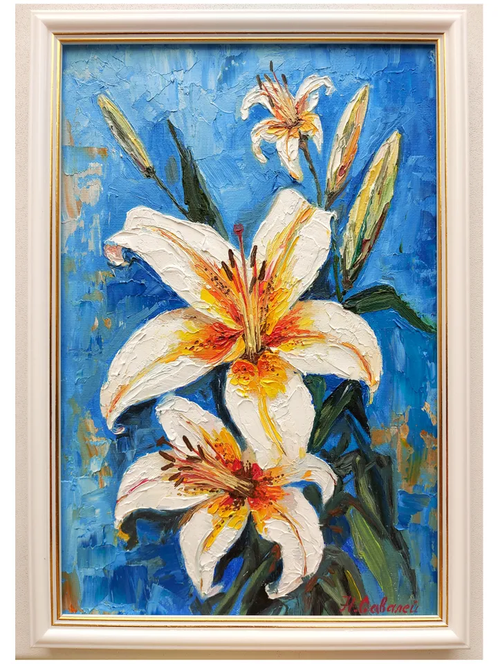 Original Oil Painting White Lilies Floral Painting with White Flowers 12" by 8" (30х20sm ) by OilPaintingNatali