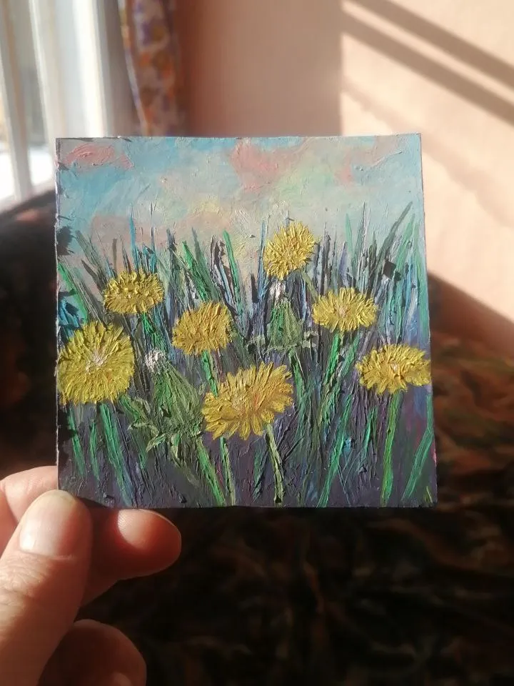 Dandelion flowers in a clearing. Miniature oil painting.Size 100 x 100 mm