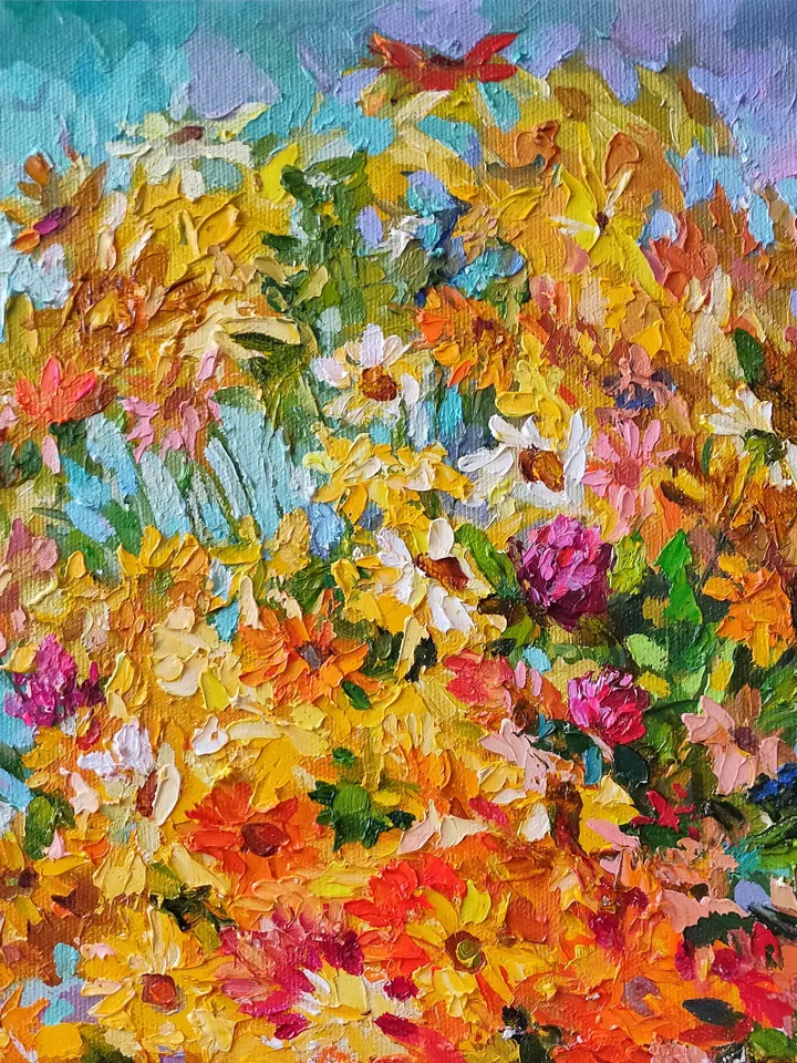 Painting "Daisies" Flowers Artwork Oil Impasto Palette knife Canvas on stretcher 12 by 12 inches Author: Nata_Lena_Art