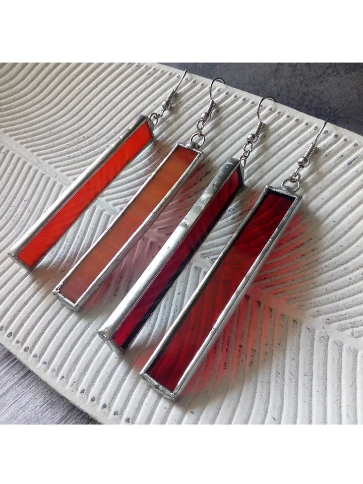 Minimalist earrings, simple Stained glass, Dangle geometric earring, rectangle earrings, Red earrings, Orange earrings
