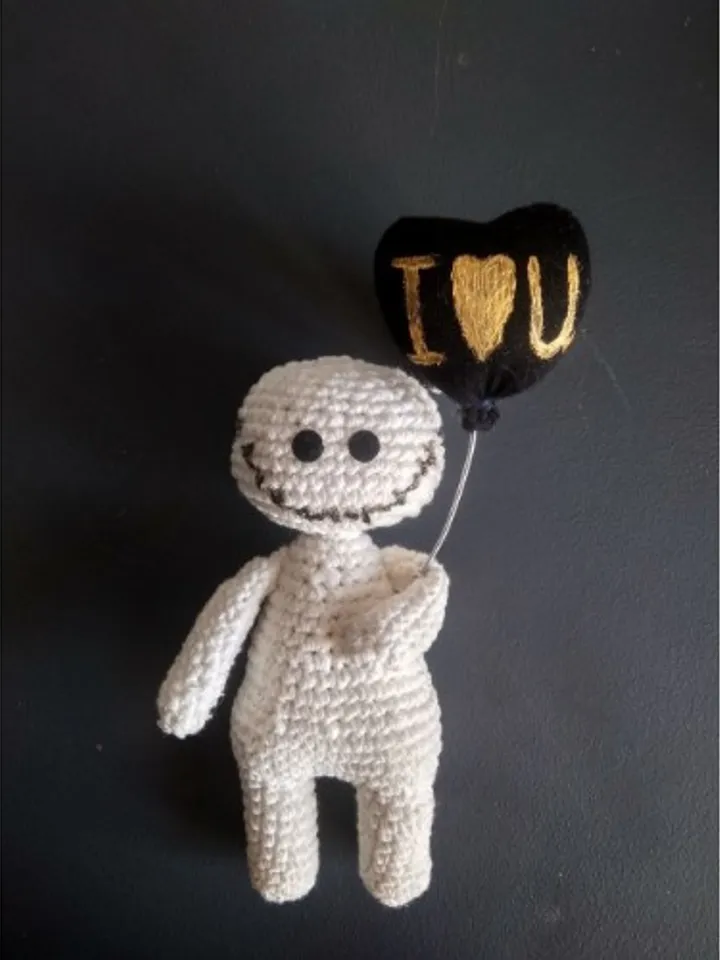 Handmade zombie, quirky doll , zombie doll, crocheted zombie doll with a black balloon, mental helth doll, therapy doll