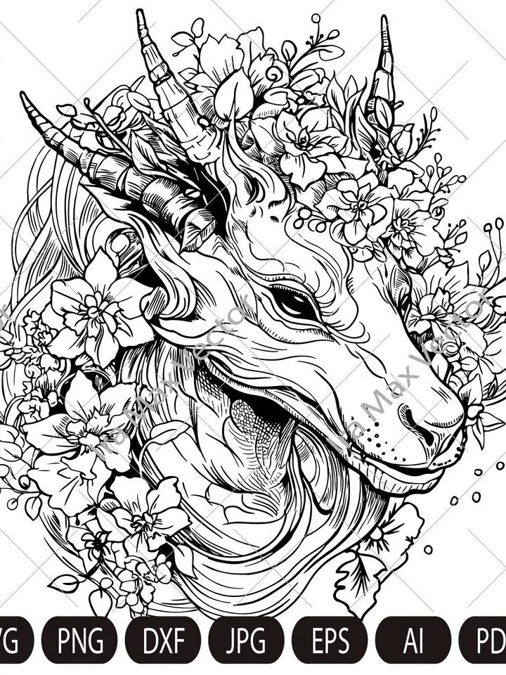 Dragon svg, Dragon detailed, Dragon Clipart, Dragon in flowers, Chinese Dragon SVG, Fantasy Dragon SVG, Asian dragon Svg, Dragon Silhouette