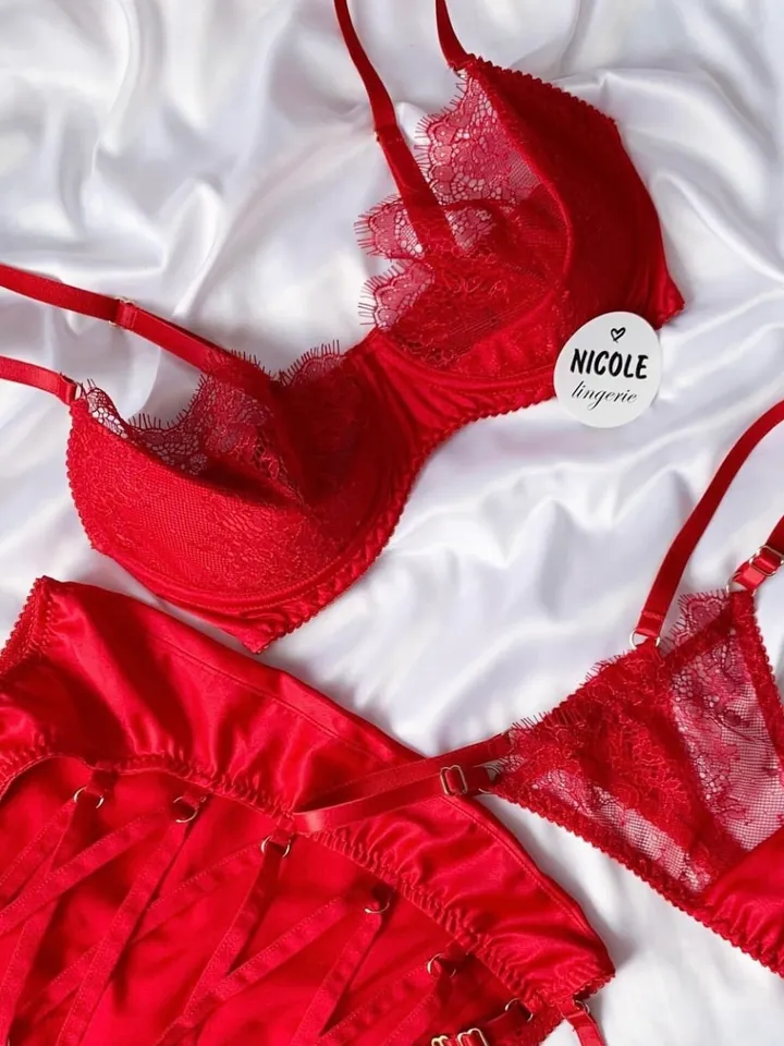 red lingerie set with silk skirt