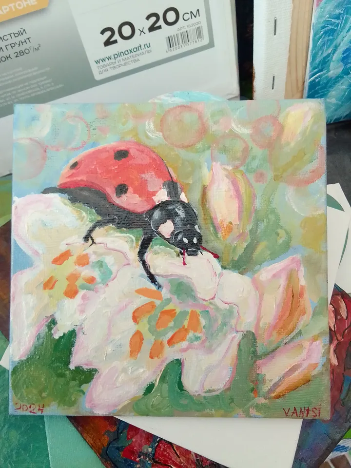 Ladybug Painting Original Art Animal Flower Painting Floral Small Art Insect