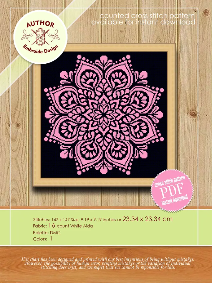 Easy mandala cross stitch pattern download PDF, Floral ornament cross stitch, Monochrome cross stitch chart, Mandala hand embroidery #M113