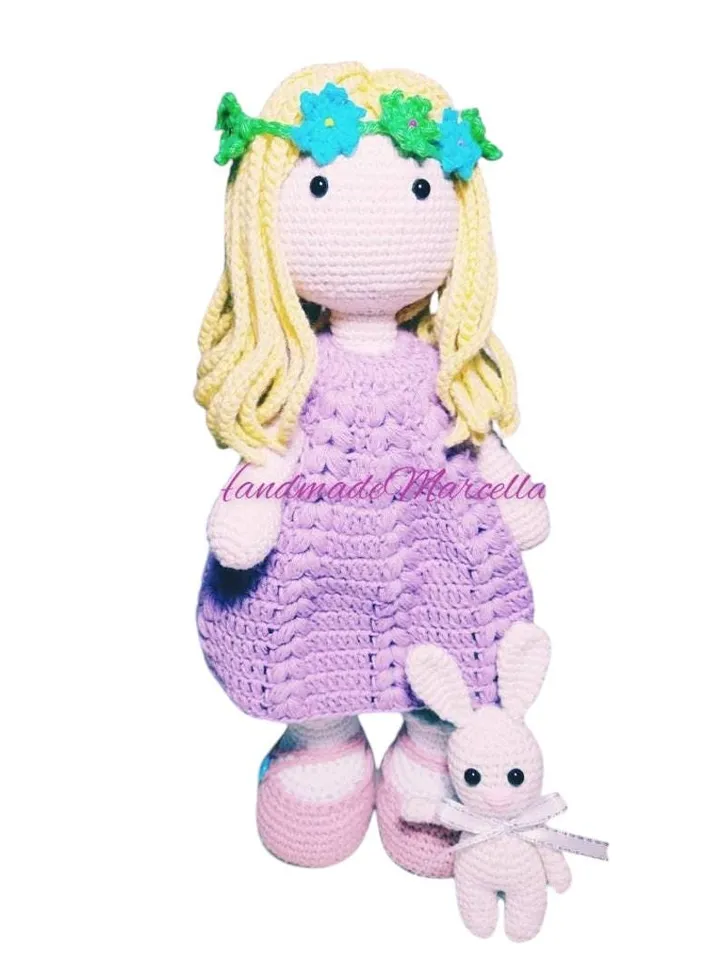 Princess Charlotte Crochet Doll โ 33 cm Handmade Amigurumi โ Articulated Cotton Doll with Flower Crown & Bunny โ Gift for Girls