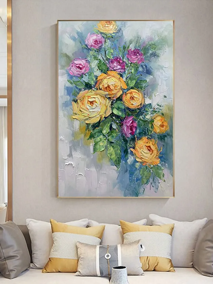 Original Rose Oil Painting On Canvas, Abstract Yellow Peony Flower Painting, Large Wall Art, Living Room Wall Decor, Custom Acrylic Painting