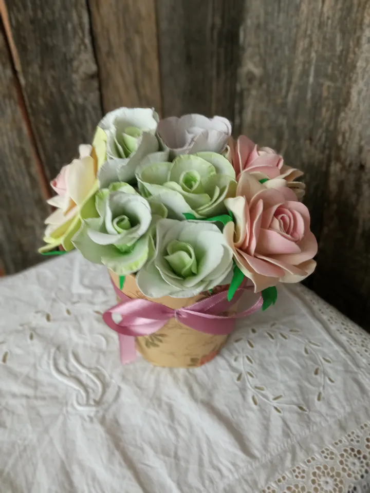 Handmade Foam Rose and Eustoma Bouquet in Paper Pot with Bow - 15 cm Height. Gift for her. Birthday present. Christmas gifts
Home decor indoor. Cozy decor