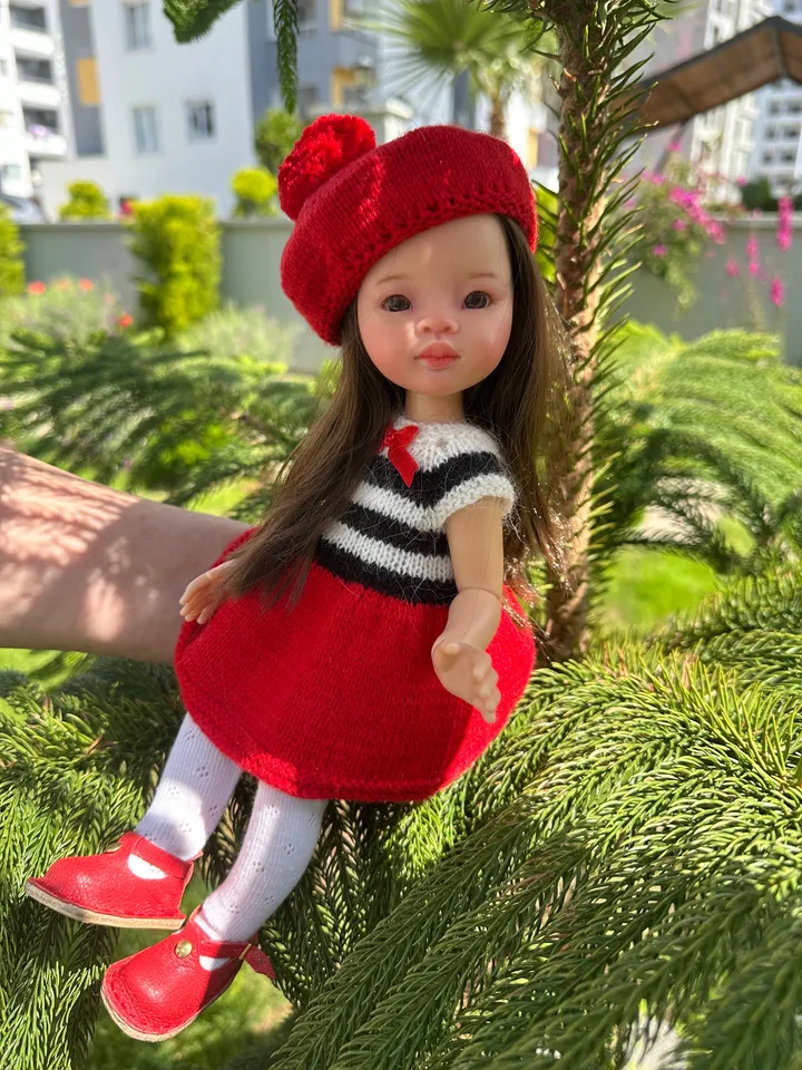Paola Reina Doll 4 ITEMS Set: Exclusive Handmade Outfit - Beret, Dress, Tights, Shoes - Paris Collection