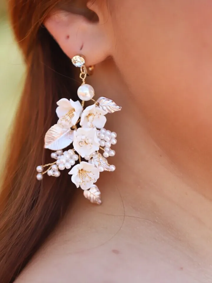 Porcelain Flowers Boho Wedding Earrings, Vintage Leaf Bridal Jewelry Set, Beads Pearl Bridal Earrings, Floral Statement Wedding Jewelry Set