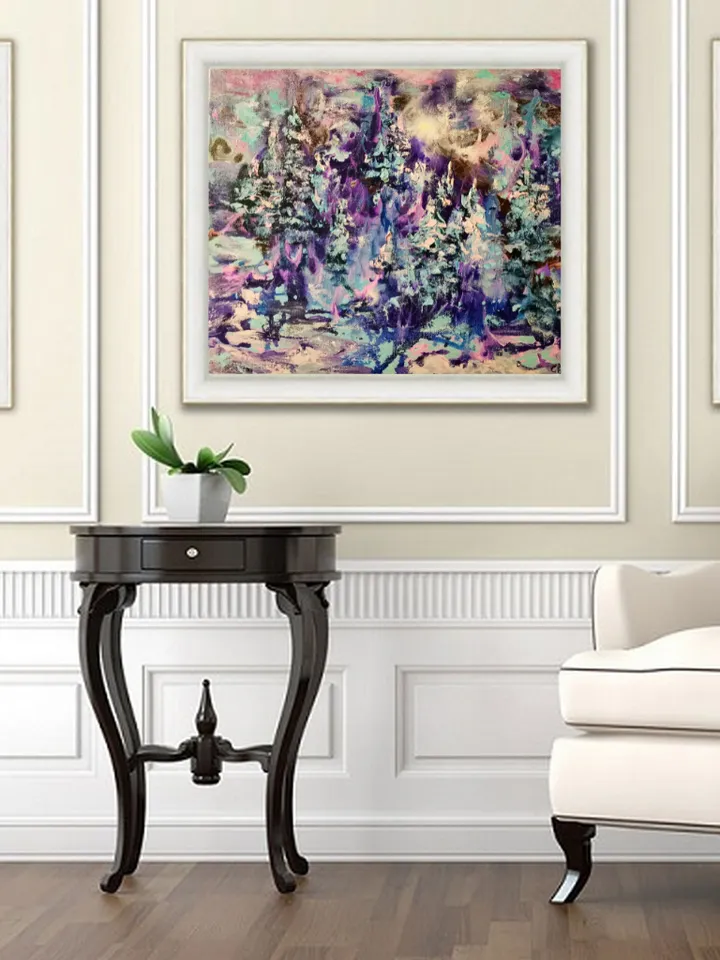 Moon Forest Winter Oil Painting Art Original Canvas Christmas Artist Svinar Oksana