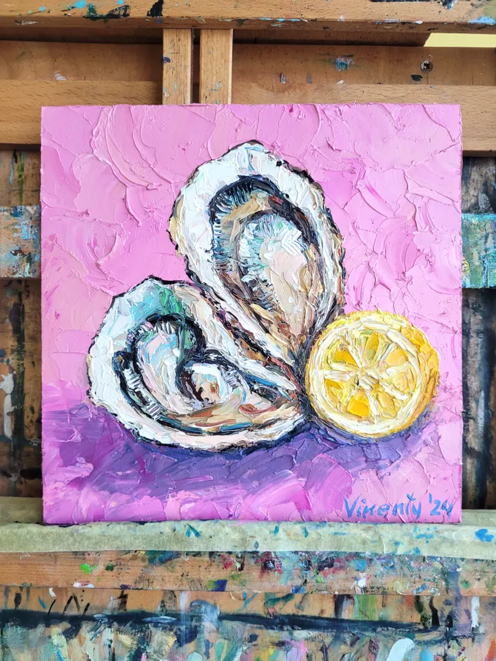 Oyster Painting Lemon Painting Impasto Oil Painting 8x8 Shell Original Art Kitchen Wall Art Seafood Art Coastal Artwork Oyster Food Painting by ArtFromVictoria