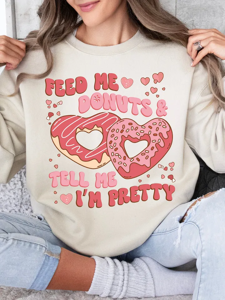 Feed Me Donuts & Tell Me I’m Pretty PNG Sublimation Design Download Valentines DayShirt Print Sticker Tumbler Retro Groovy Love, Trendy Vday