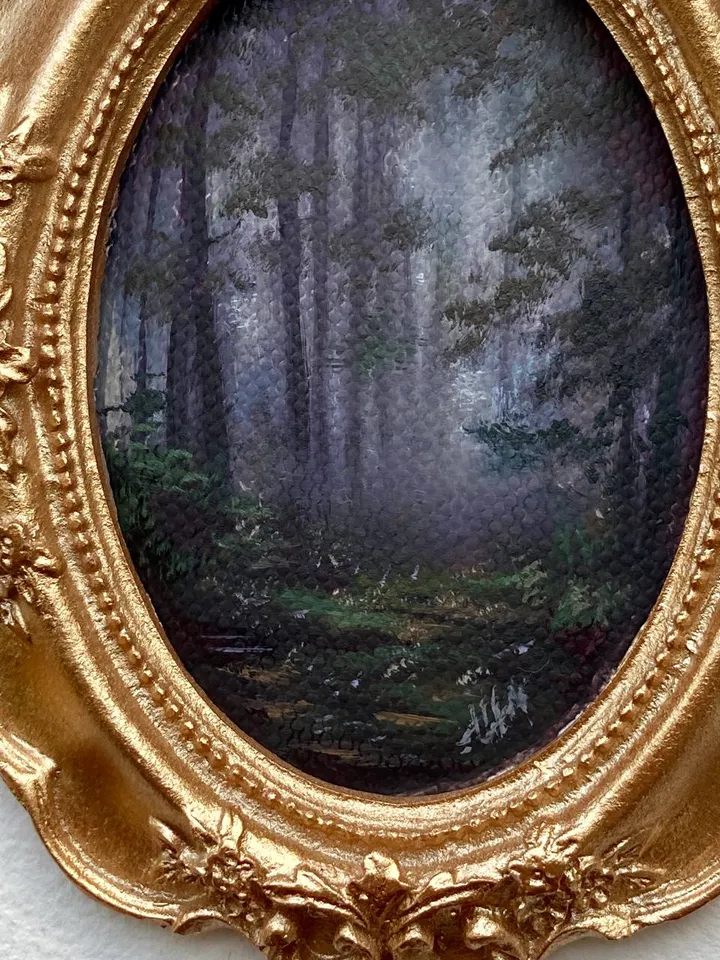 Forest Landscape Oil Painting Original In Vintage Style Frame Small Framed Oval Painting Art