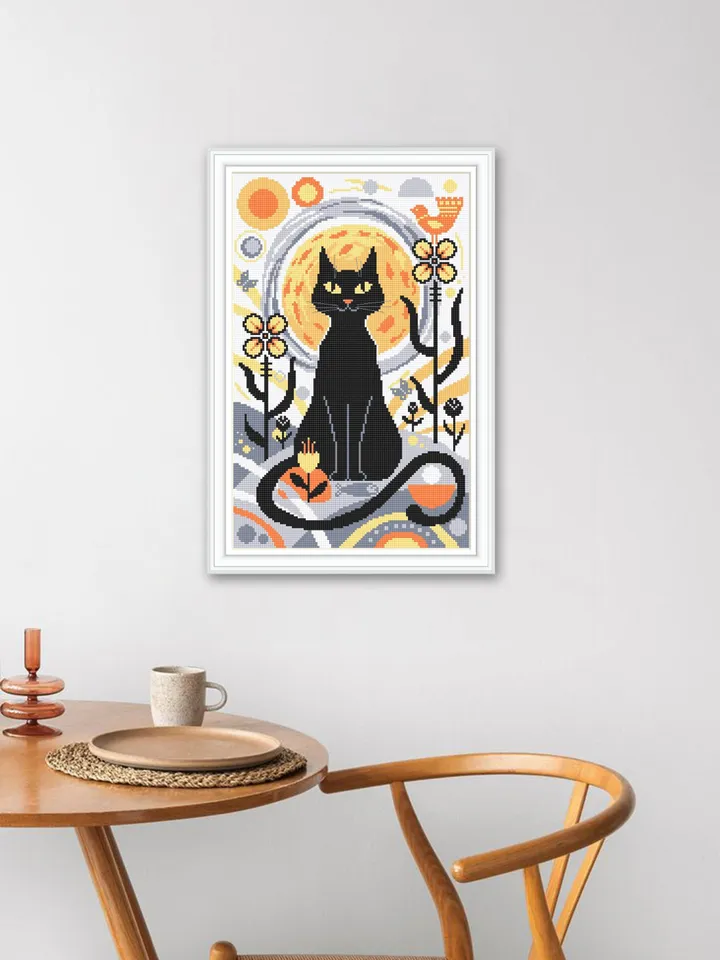 Boho cat cross stitch pattern PDF download Boho cross stitch chart, Abstract pattern digital PDF, Black cat embroidery, Boho wall decor #K23