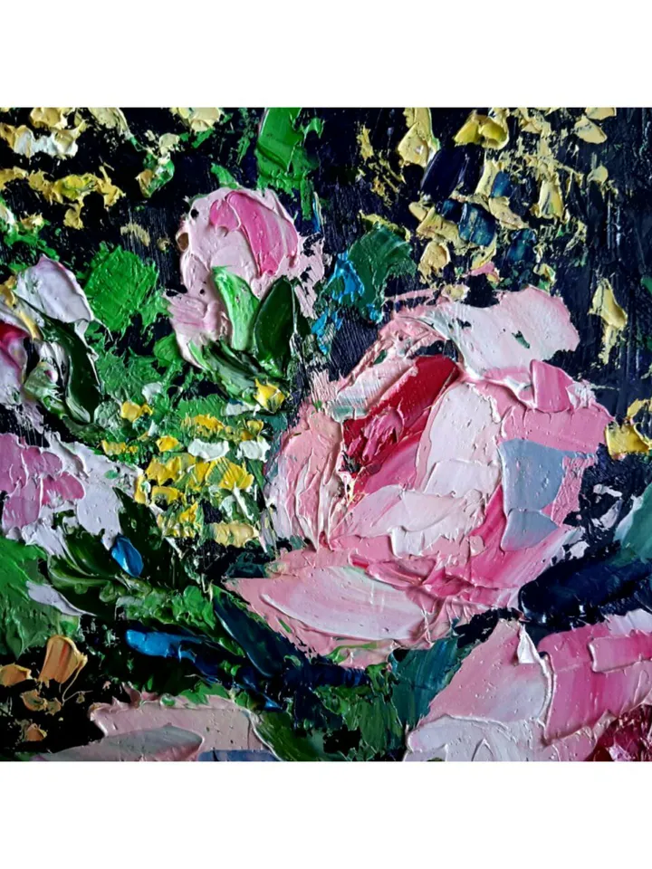 Pink Roses Original Oil Painting Flowers Impasto Floral Artwork