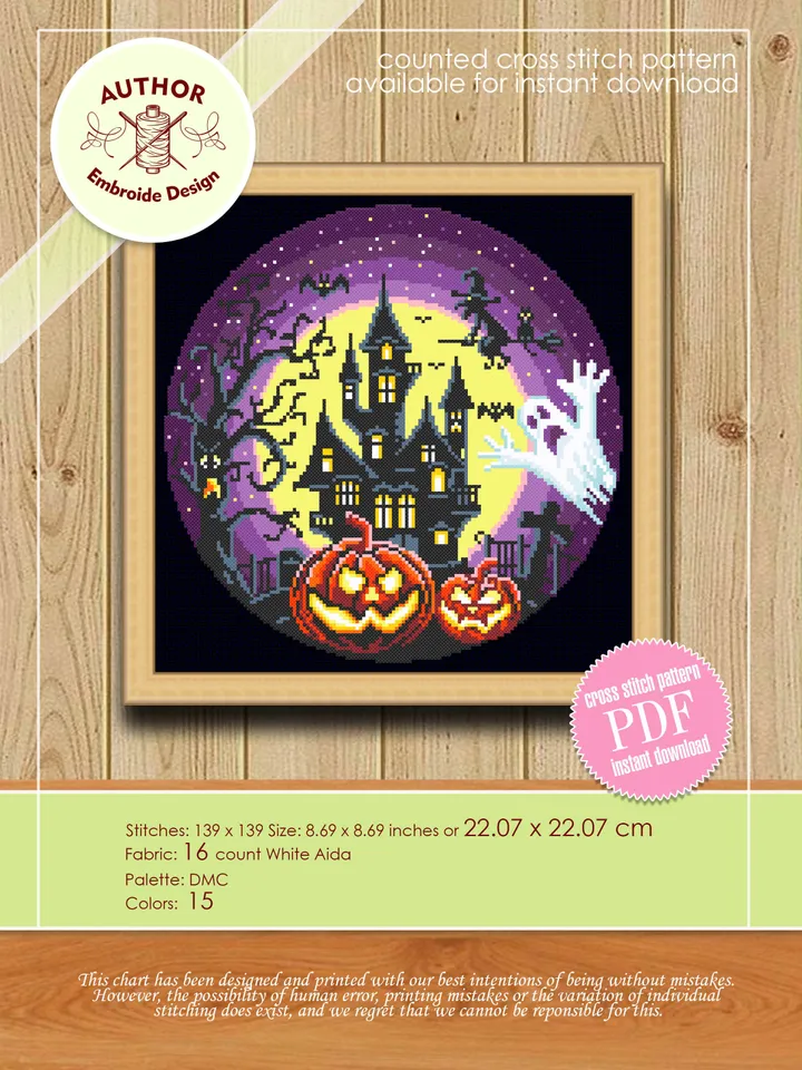 Set Halloween cross stitch pattern download PDF Haunted house cross stitch chart, Halloween pattern digital PDF, Happy Halloween night #S40