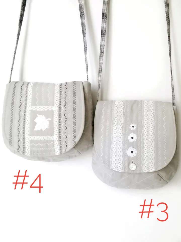 Handmade Women's Quilted Fabric Crossbody Purses with Lace and Decorative Stitching in Grey and Khaki Colors - Small and Stylish. FREE SHIPPING!