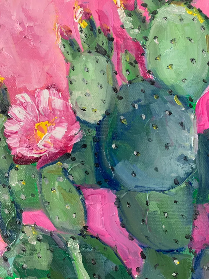 Cactus Painting with Pink Flowers – Original Oil Art on Canvas 16x24 inches