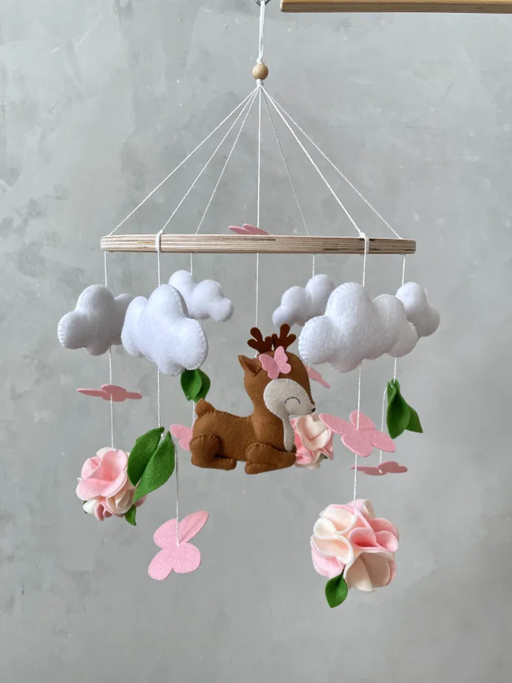 Deer mobile baby girl with flowers and butterflies, Woodland crib mobile girl