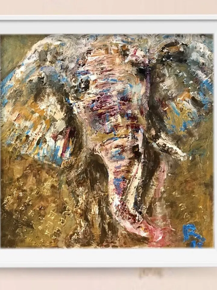 Golden elephant original acrylic mix media textured painting on cardboard,abstract animals wall art,nursery room decoration,personalized