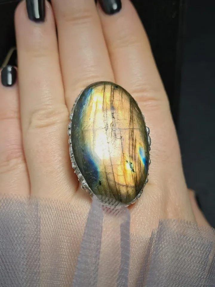 Labrodarite ring Big Massive Ring Luminous Ring Rainbow Ring