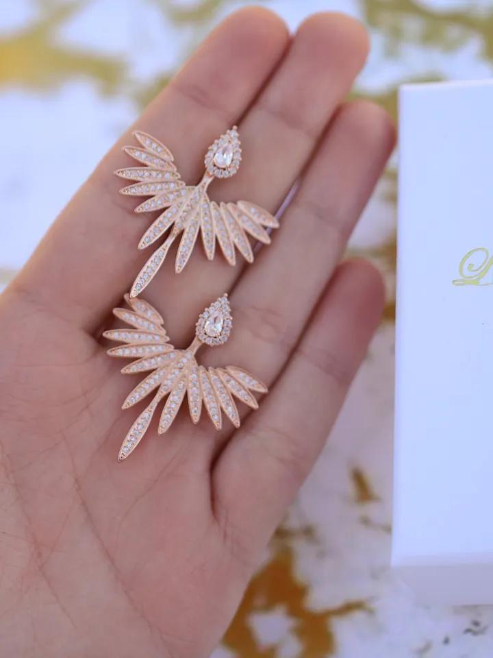 Art Deco Rose Gold Bridal Earrings, Swarovski Crystal Statement Wedding Earrings , CZ Statement Vintage Wedding Jewelry, Boho Bridal Jewelry