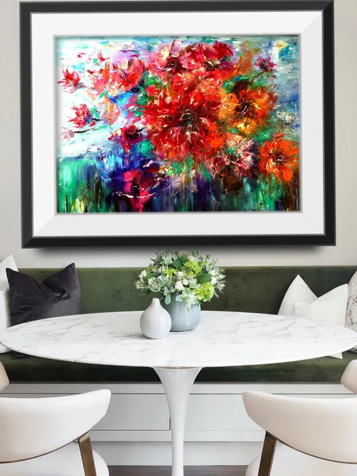Flowers oil painting,Abstract red flowers on blue background, original oil painting on stretched canvas,handmade unique gift home decor.