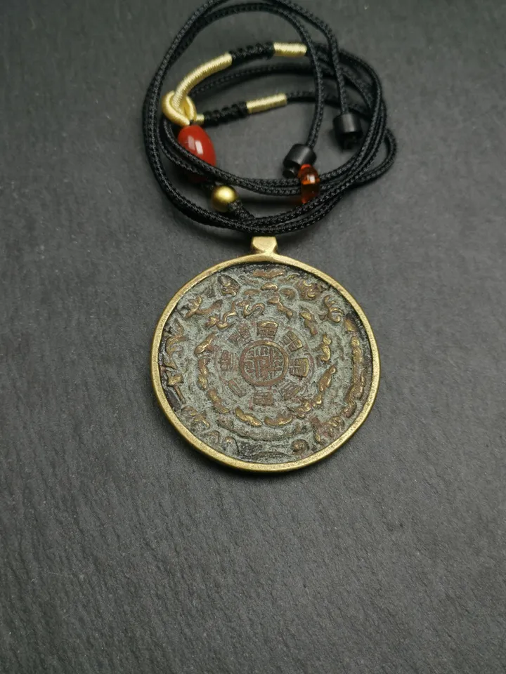 Gandhanra Vintage Tibetan Buddhist Calendar Amulet Sipaho Badge - Lima Brass Melong Mirror Protective Charm Feng Shui Pendant,44mm